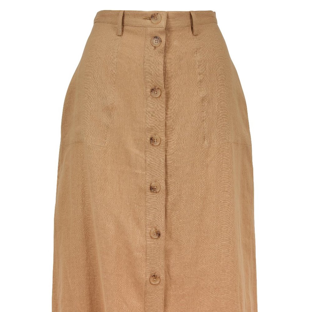 Nili Lotan Avie Linen Midi Skirt Button Front Sand